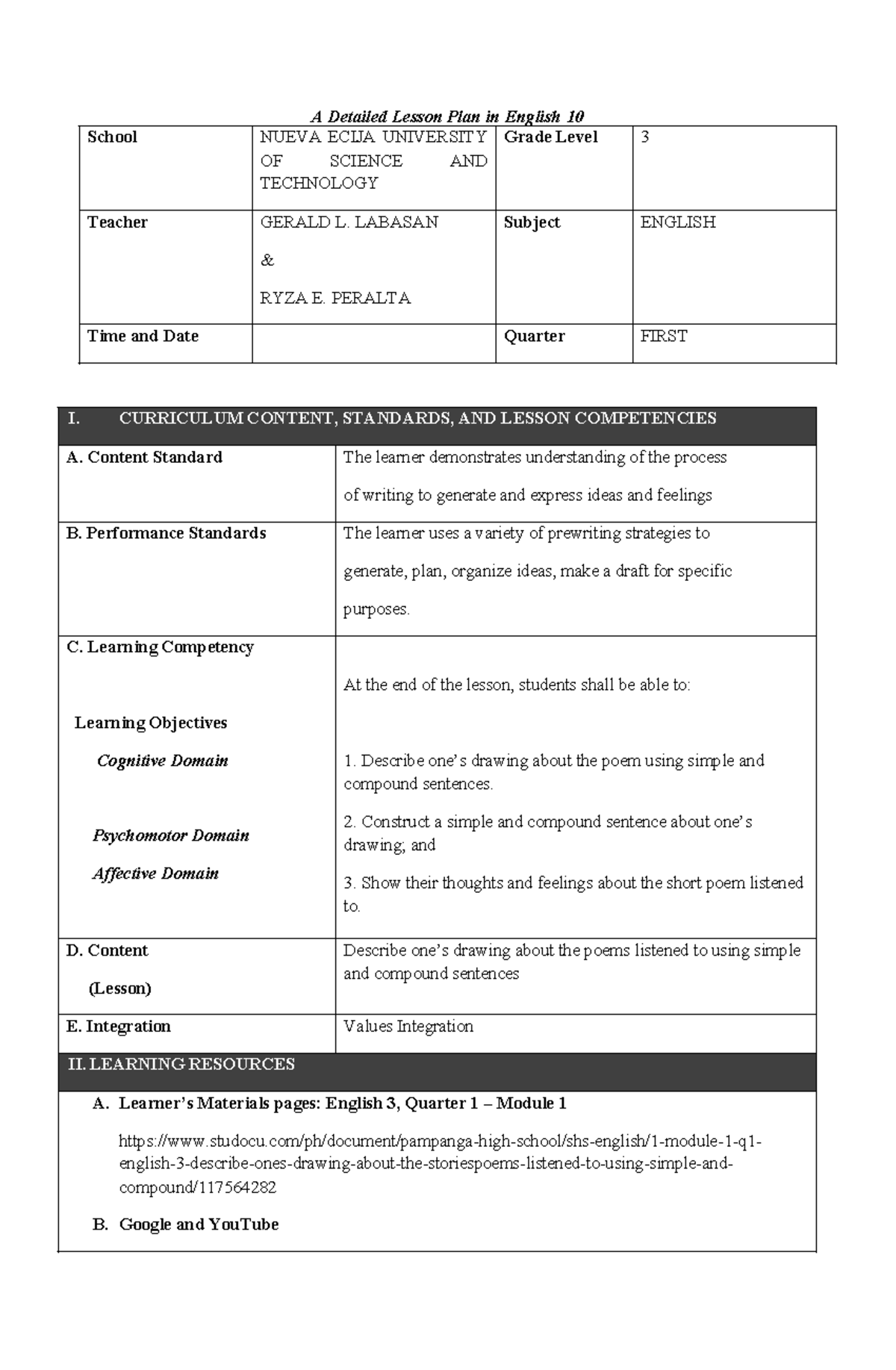 Detailed Lesson Plan in English 10: Simple & Compound Sentences - Studocu