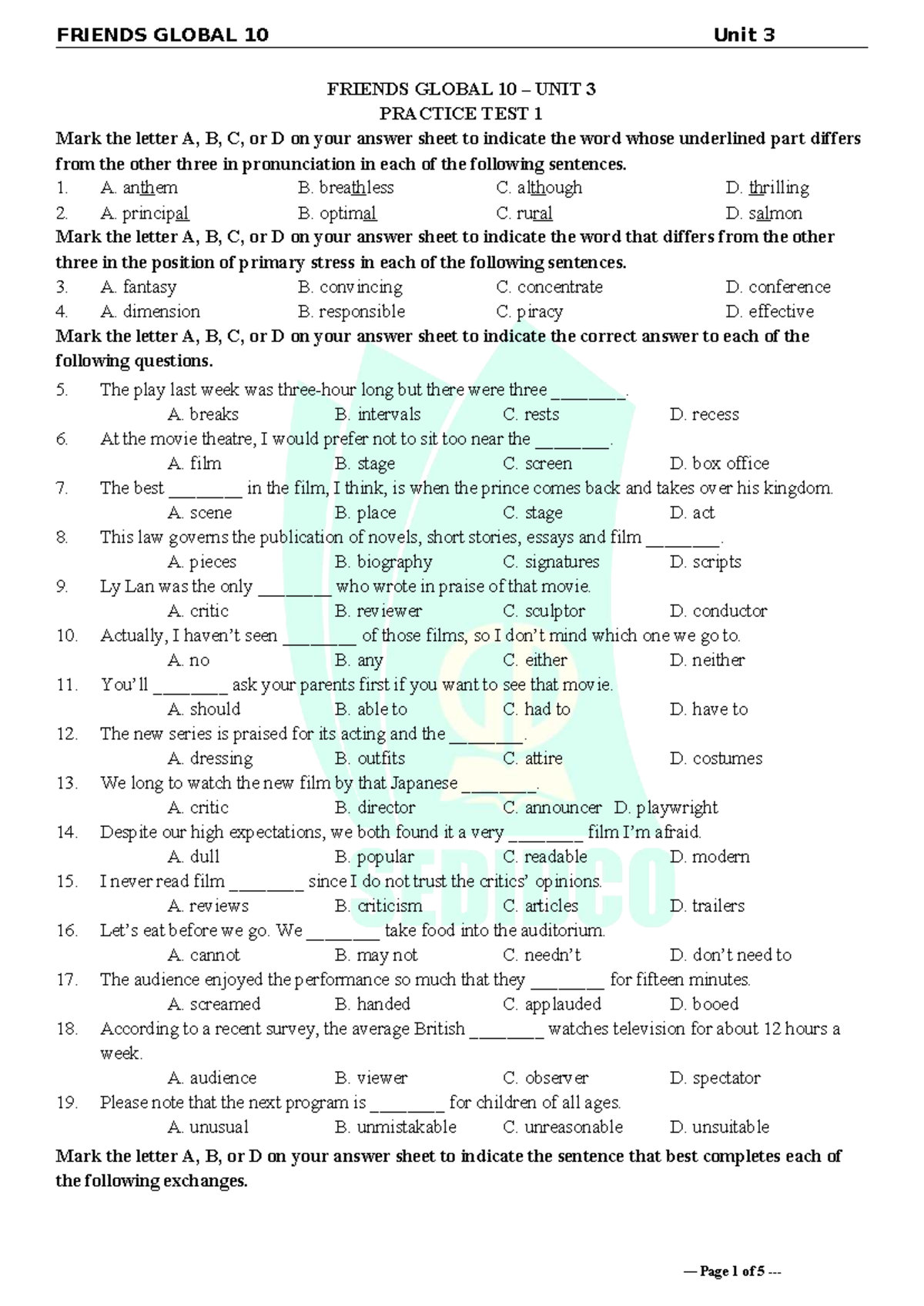 Tieng Anh 10 FRIENDS GLOBAL - Unit 3 Practice Test 1 - Studocu