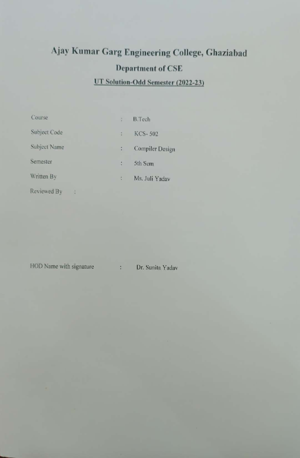 Compiler Design KCS-502 Midterm Exam Solutions Odd Sem 22-23 - Studocu