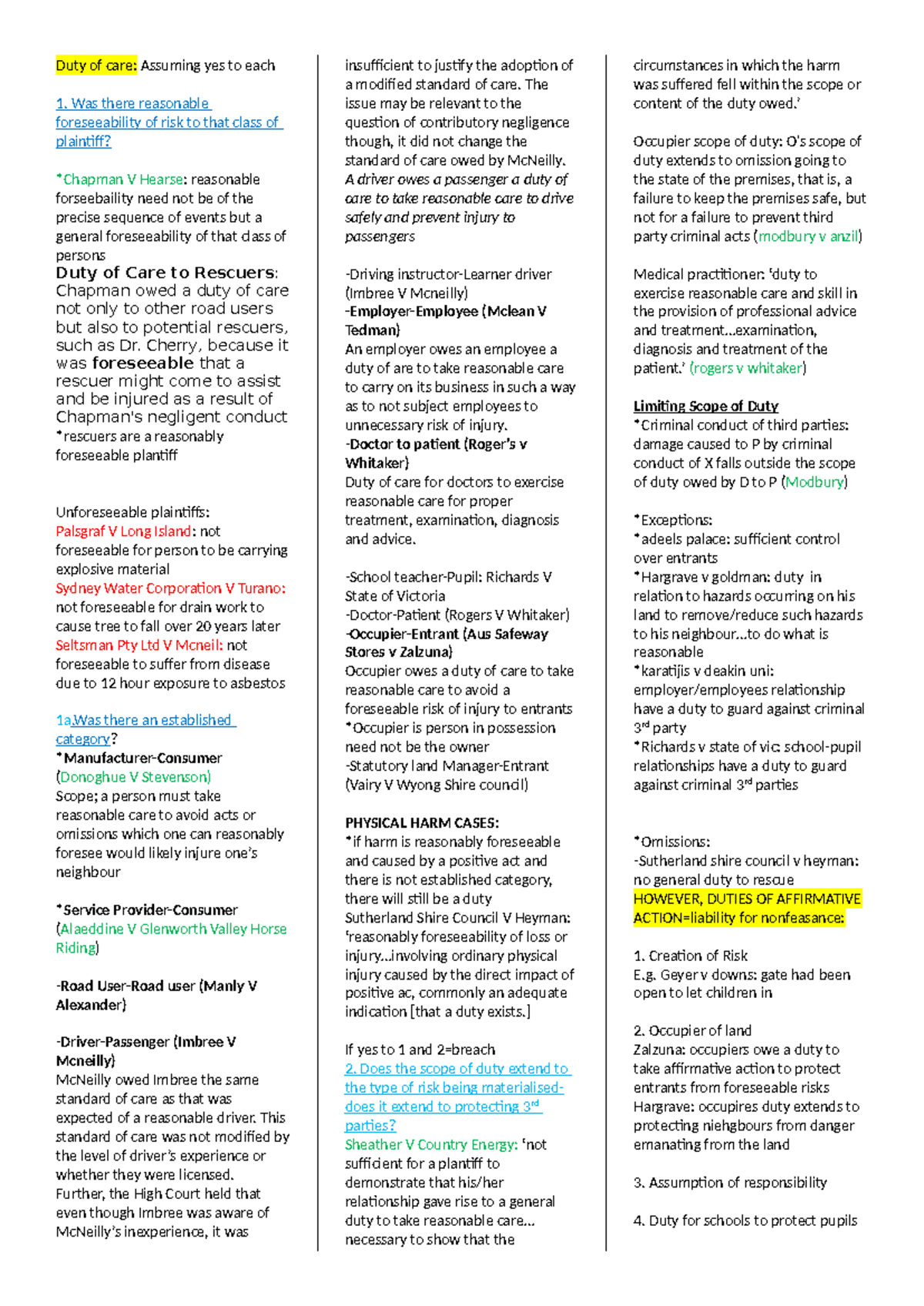 TORT 101: Comprehensive Exam Notes on Duty of Care and Negligence - Studocu