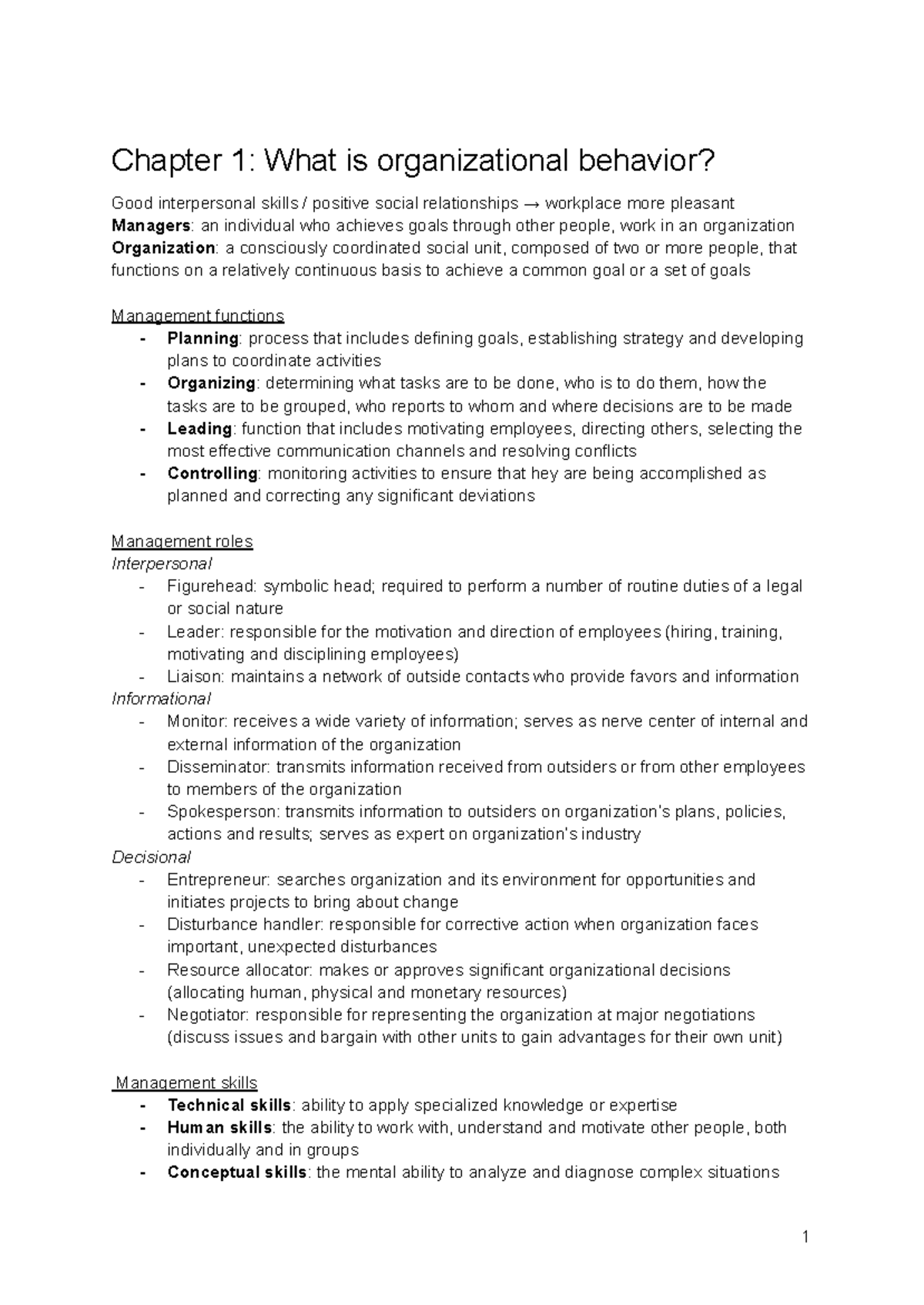 1JK00 - Summarized Notes on Organizational Behaviour Concepts - Studeersnel
