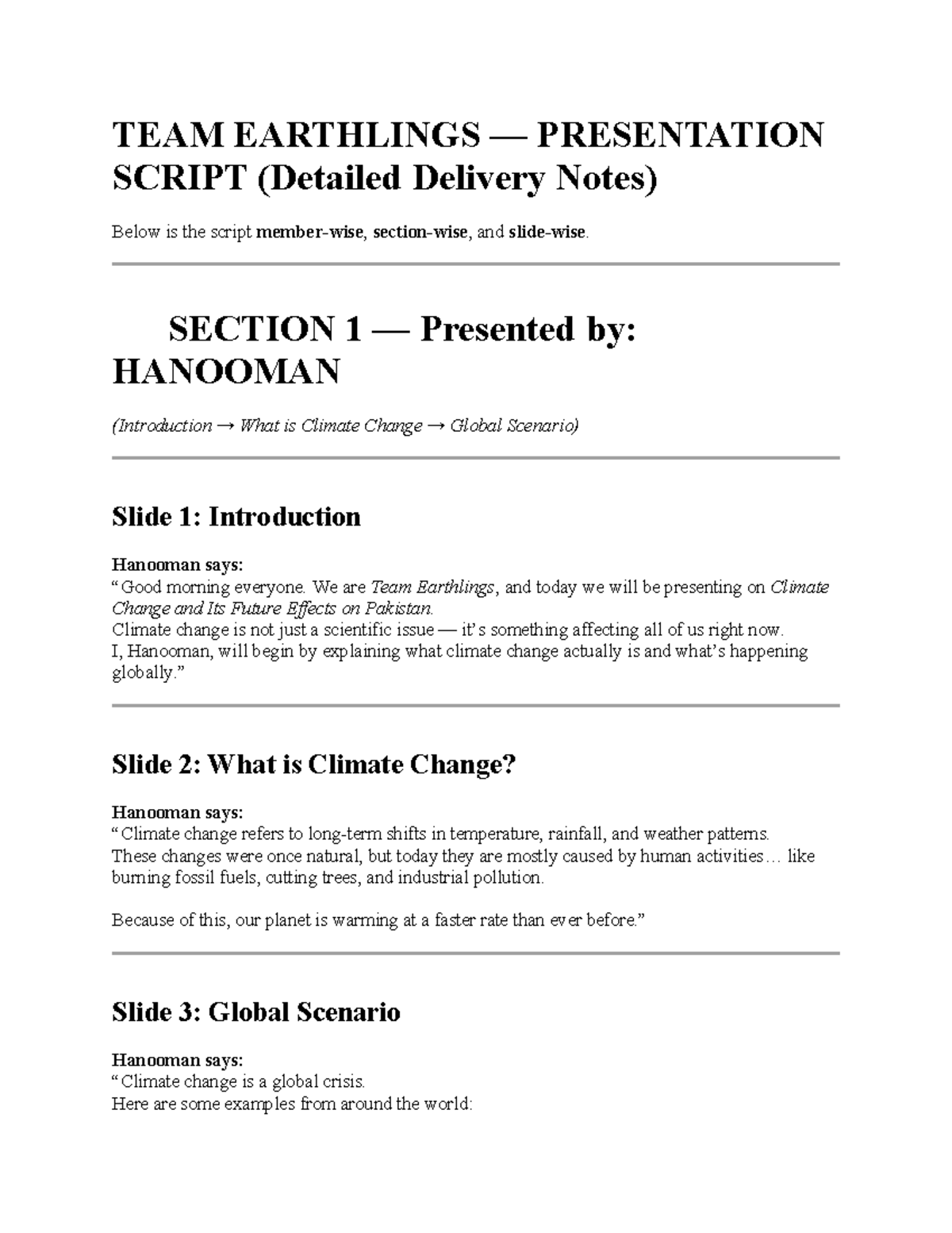 TEAM EARTHLINGS PRESENTATION SCRIPT: Climate Change in Pakistan - Studocu