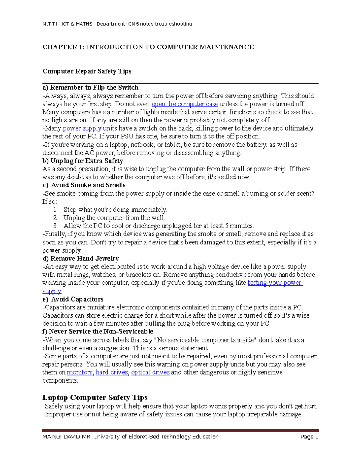 CMS-ICT Notes: Computer Maintenance & Safety Tips for Laptops - Studocu