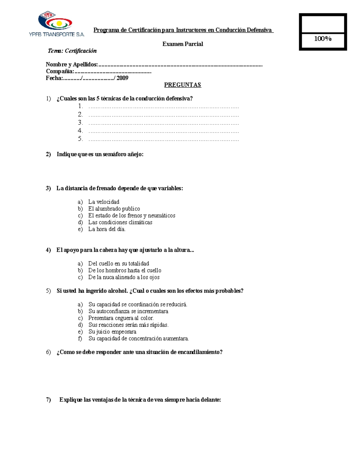 Certificación - Examen Parcial en Conducción Defensiva - Studocu
