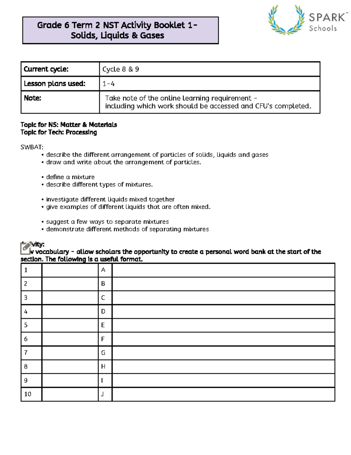 Grade 6 NST Term 2 Activity Booklet: Solids, Liquids & Gases - Studocu