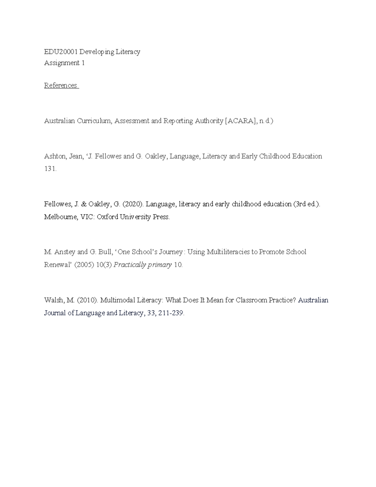 References - notes - EDU20001 Developing Literacy Assignment 1 ...