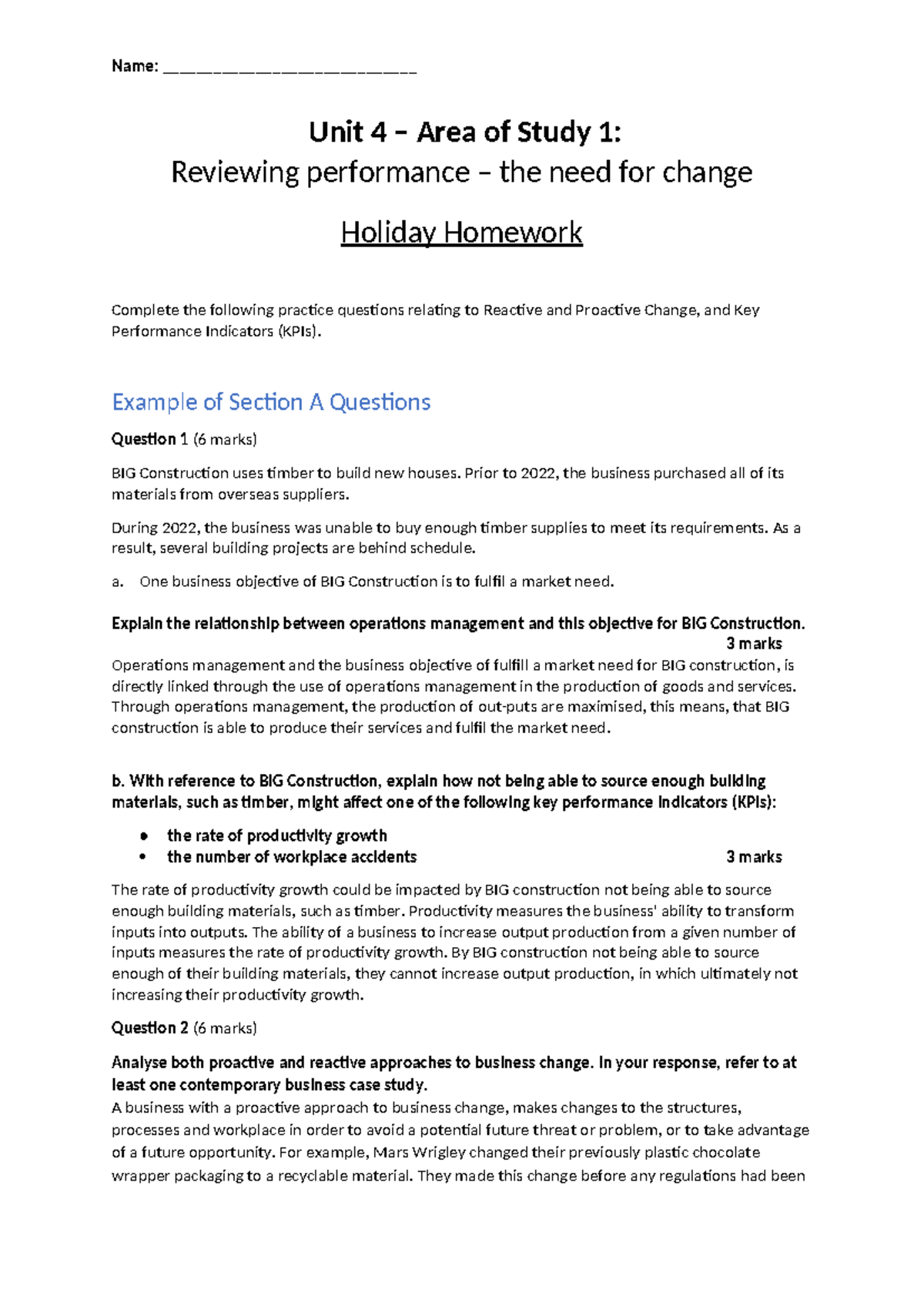 Unit 4 Area of Study 1: KPI Exam Questions Holiday Homework (2024 ...