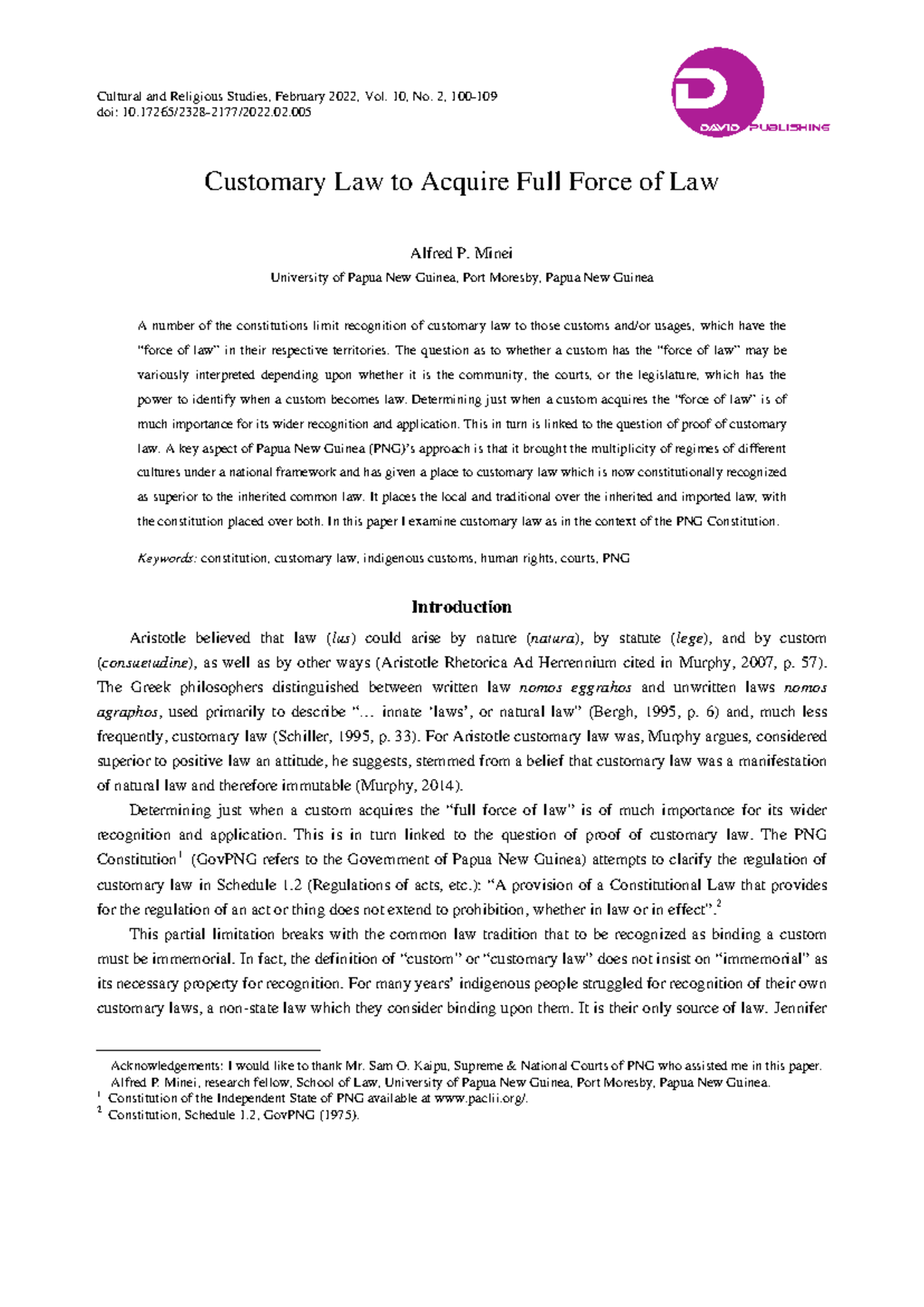Customary Law and Its Recognition in the PNG Constitution: A Study by ...