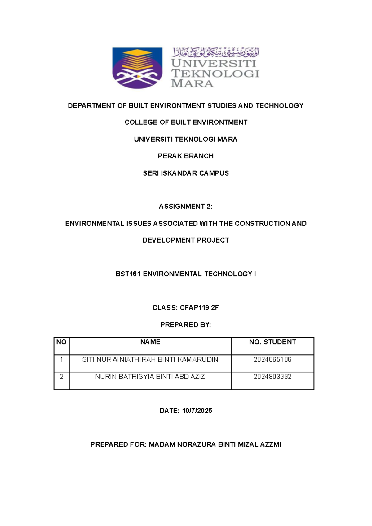 Assignment 2: Environmental Issues in Construction - BST161 - Studocu