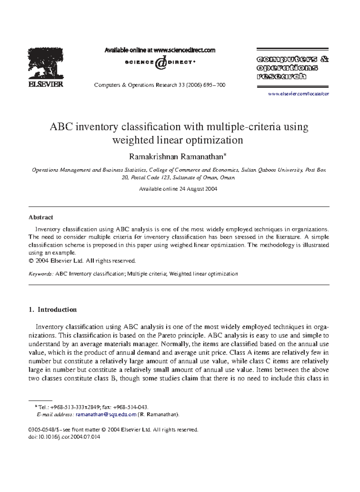 ABC Inventory Classification with Weighted Linear Optimization - Studocu