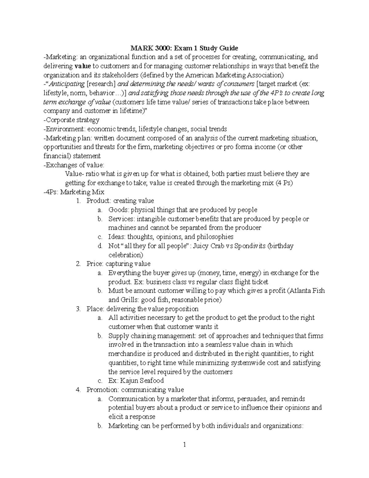 MARK 3000: Comprehensive Study Guide for Exam 1 - Studocu