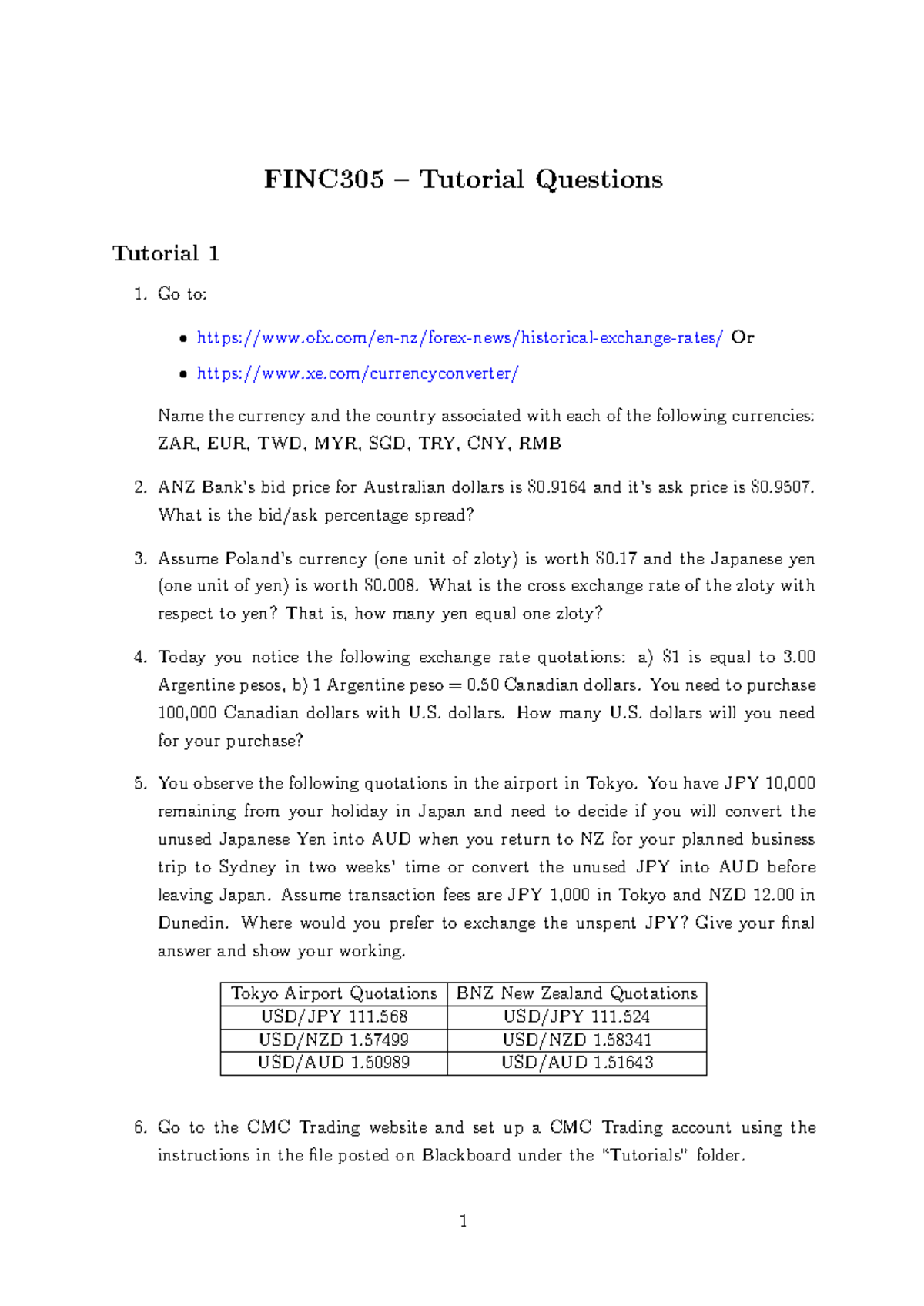 FINC305 Tutorial Questions on Currency Exchange Rates and Spreads - Studocu