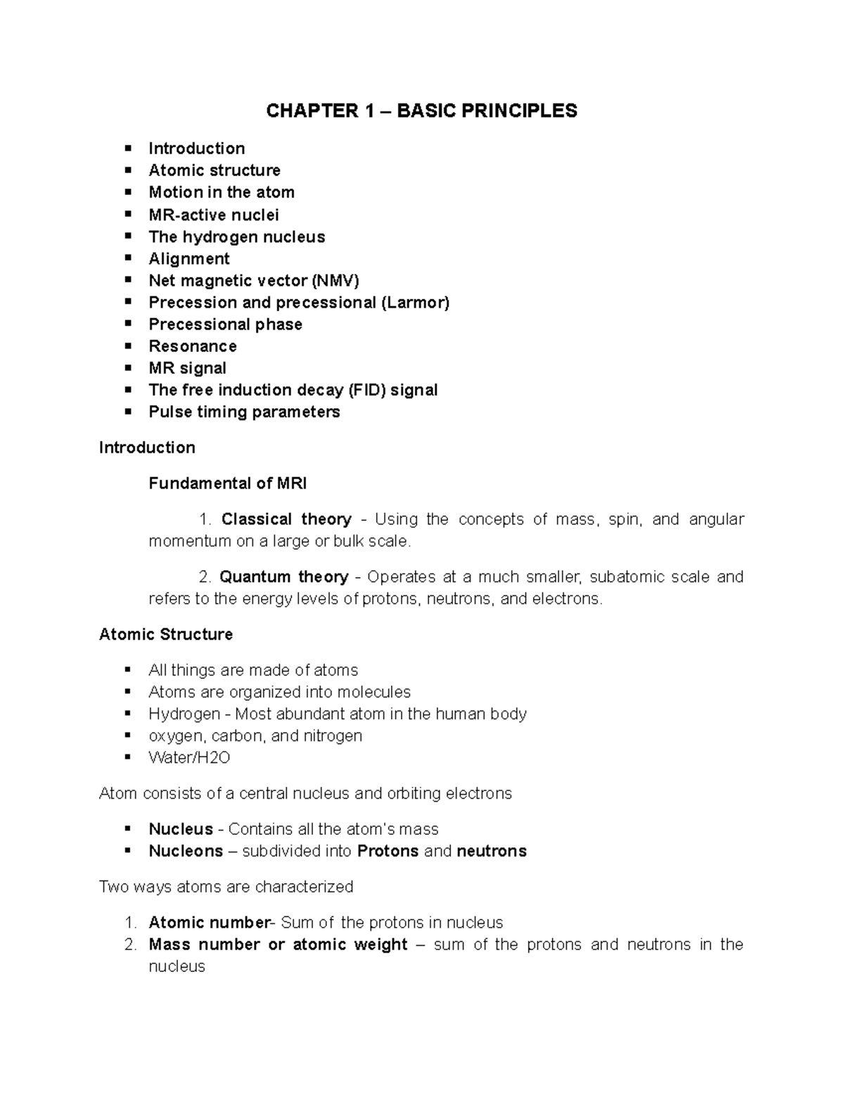 Chapter 1 MRI Midterm Review: Fundamentals of MRI Principles - Studocu