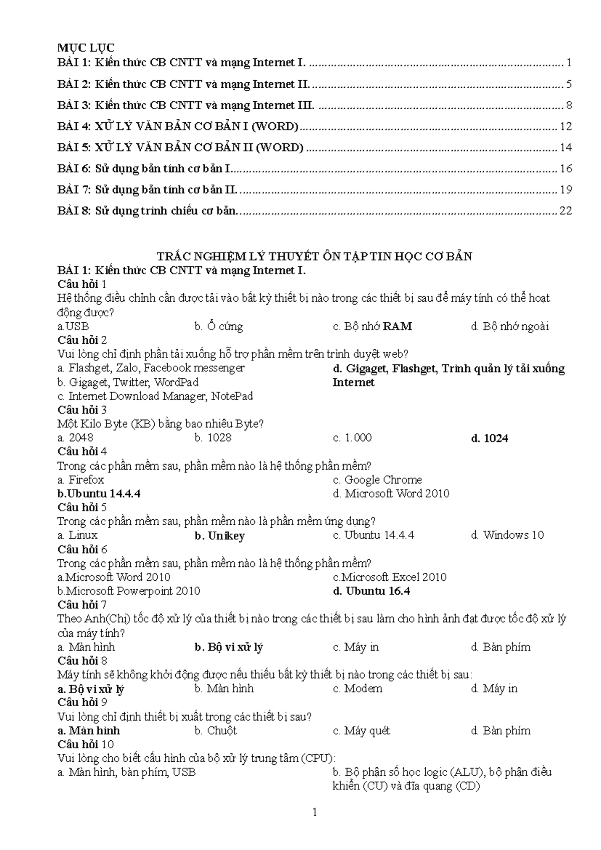 Lý thuyết THCB có đáp án - Tài liệu chuẩn đầu ra CNTT - Document Preview