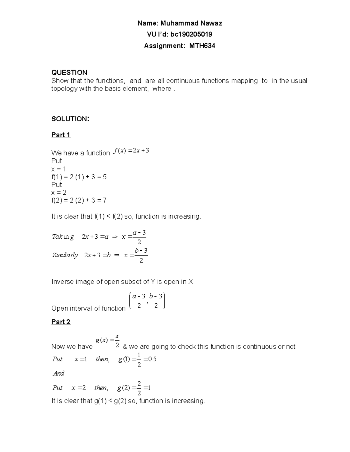MTH634 Assignment on Continuous Functions Mapping to Topology - Studocu