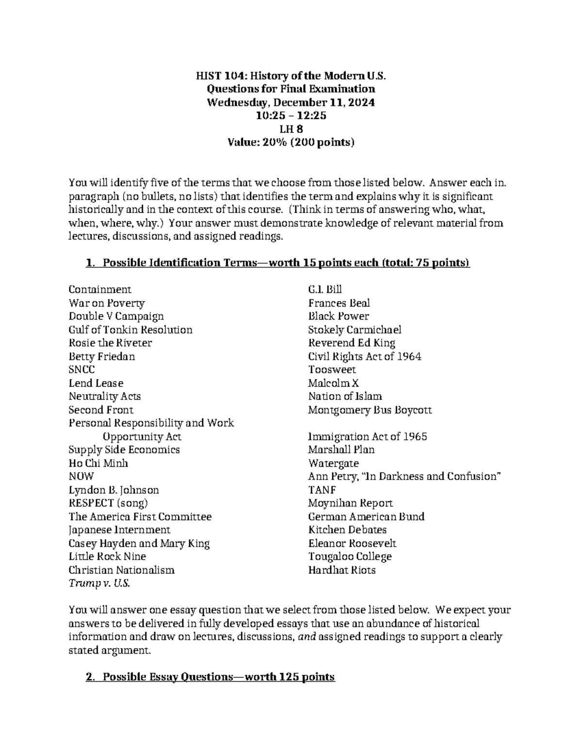 HIST 104: Final Exam Study Guide for Modern U.S. History - Studocu