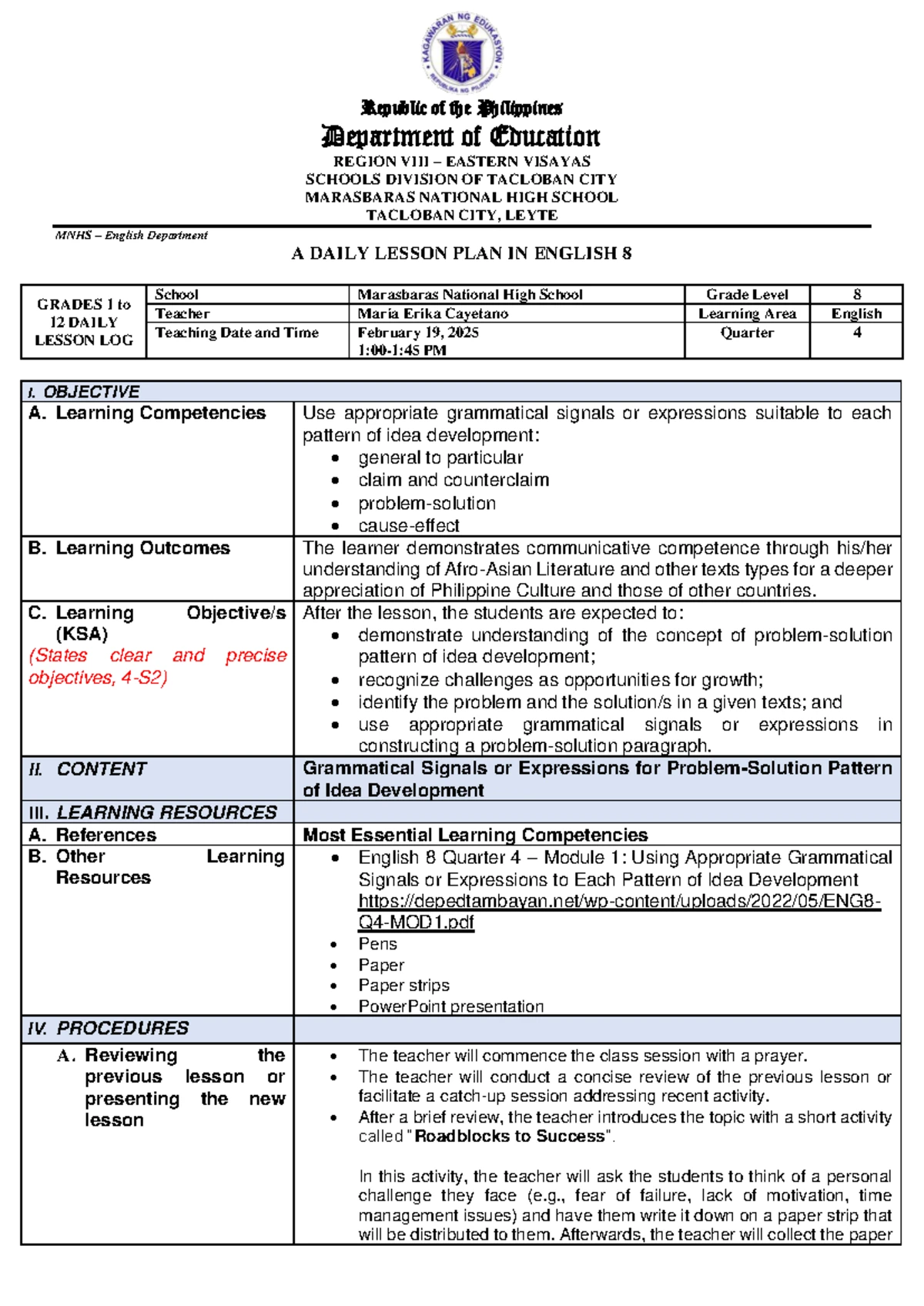 Daily Lesson Plan in English 8: Problem-Solution Development - Studocu