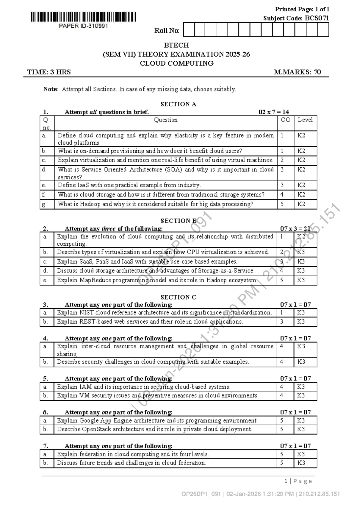 BCS071 BTECH SEM VII Final Exam Notes on Cloud Computing - Studocu