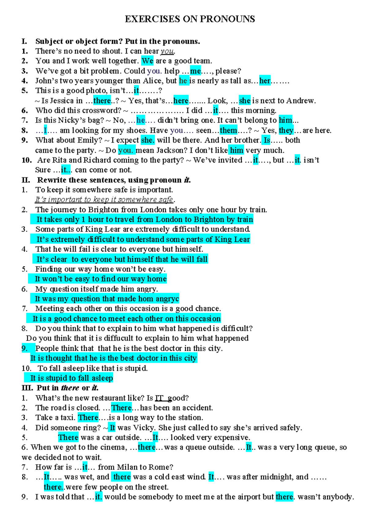 BÀI TẬP Chuyên ĐỀ Pronouns: Exercises on Subject and Object Forms - Studocu