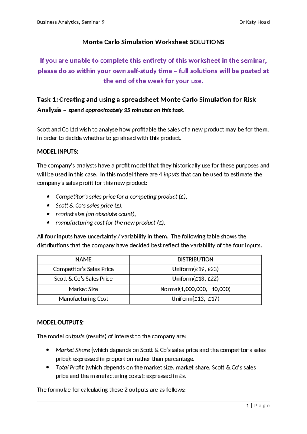 Business Analytics Seminar 9: Monte Carlo Simulation Worksheet ...