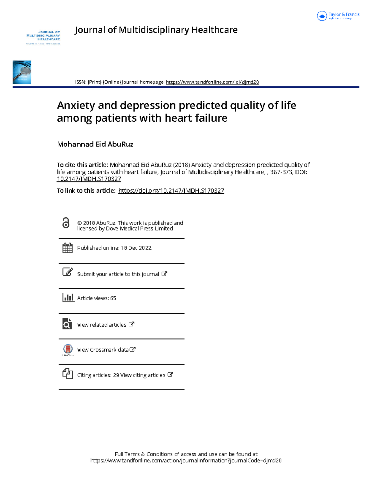 Anxiety and Depression as Predictors of QoL in Heart Failure Patients ...