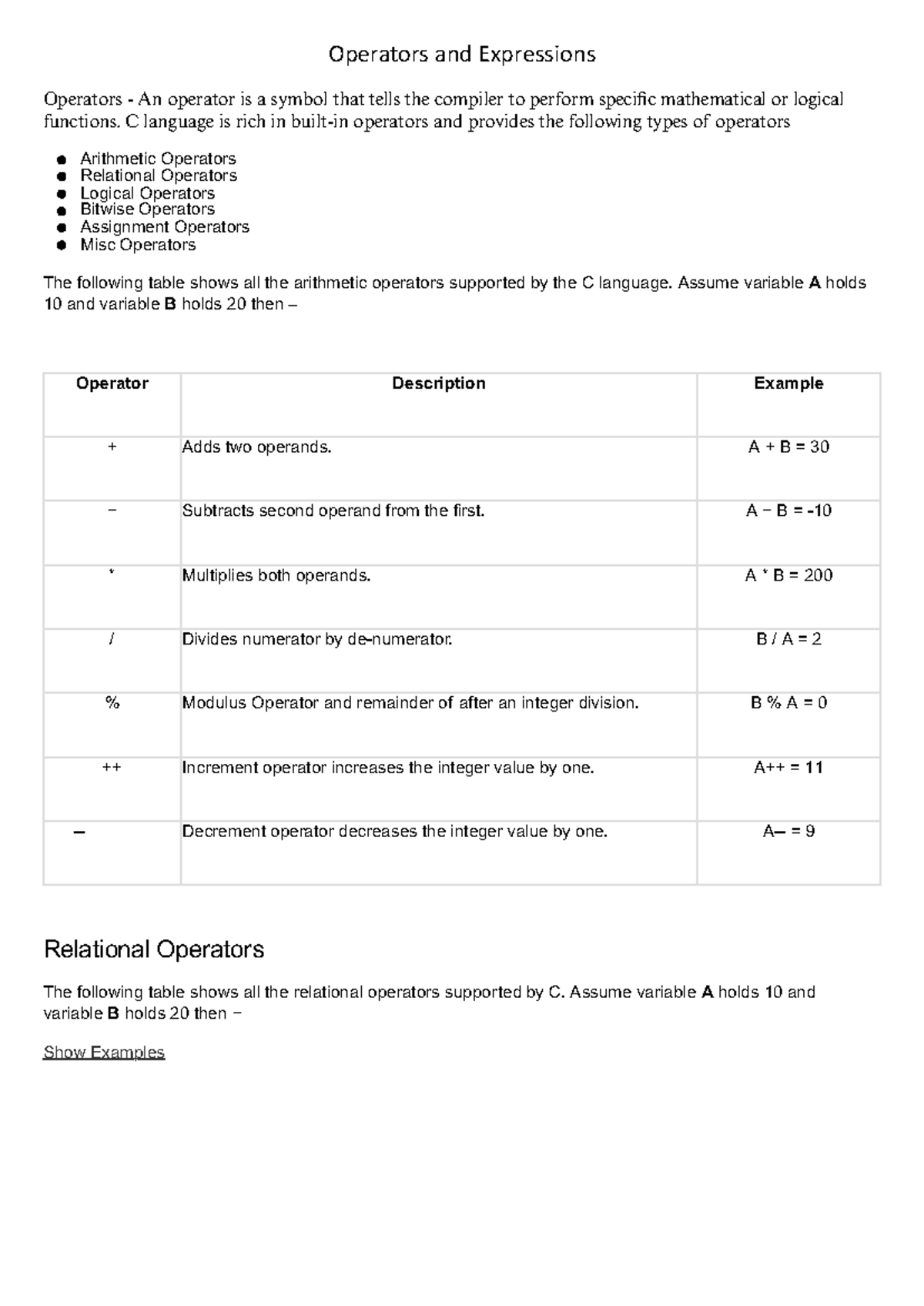 Lecture - 4: Operators and Expressions in C Language - Studocu