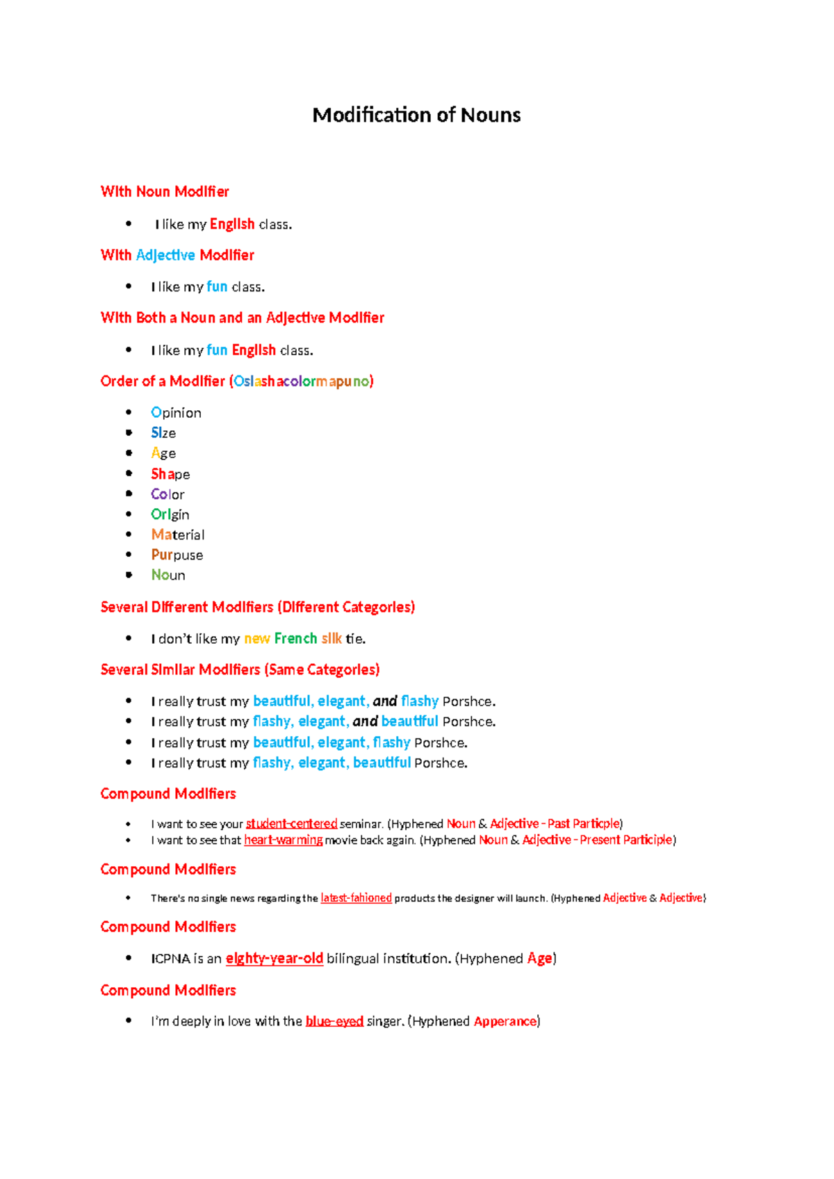 UNIT 13 - Noun Modifiers and Their Order - Studocu