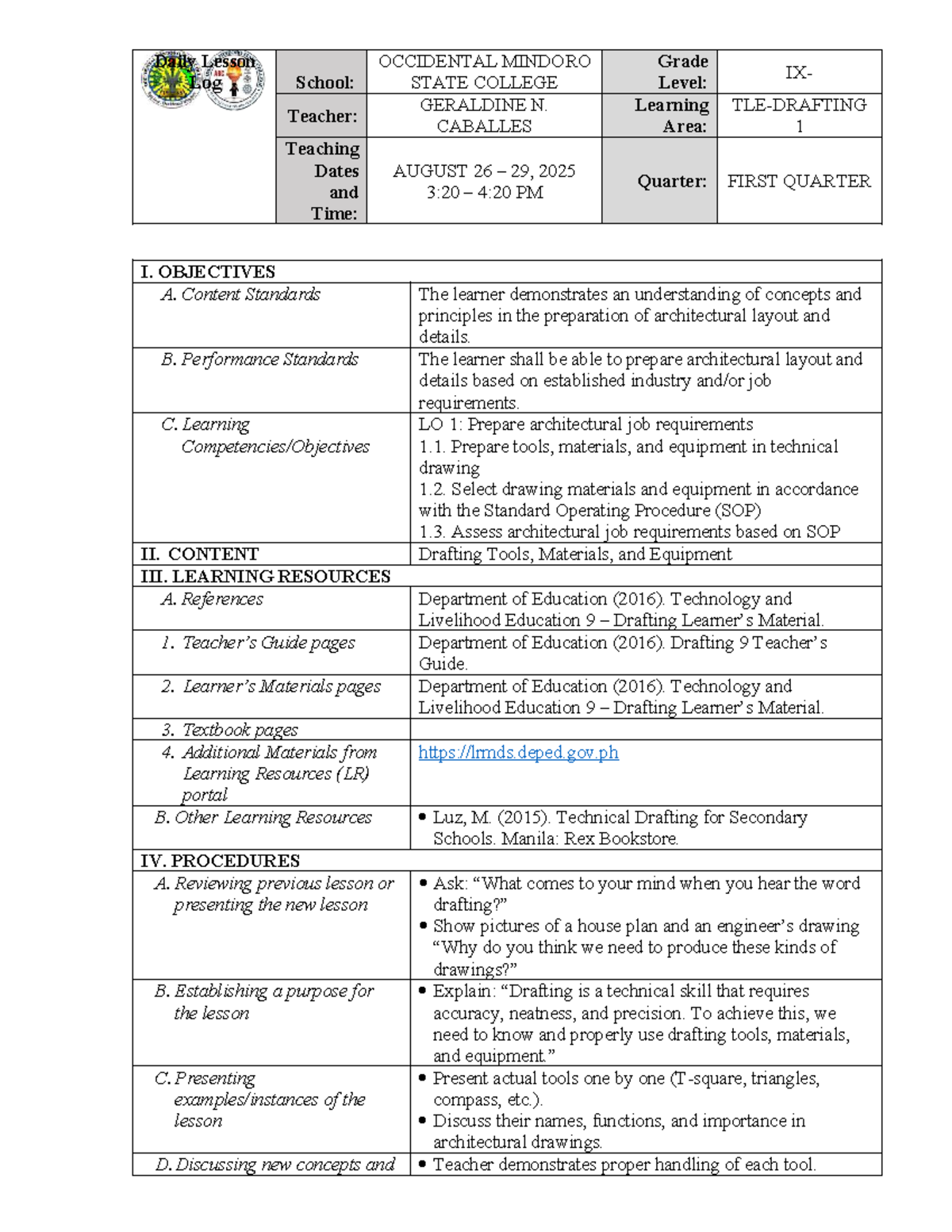 Drafting 9 Daily Lesson Log: 1st Quarter Overview - Studocu