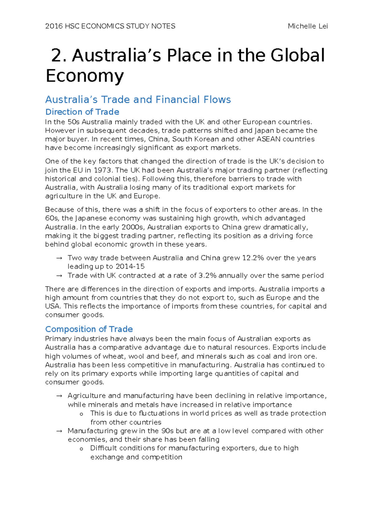 2016 HSC ECONOMICS STUDY NOTES: Australia's Global Trade & Financial ...