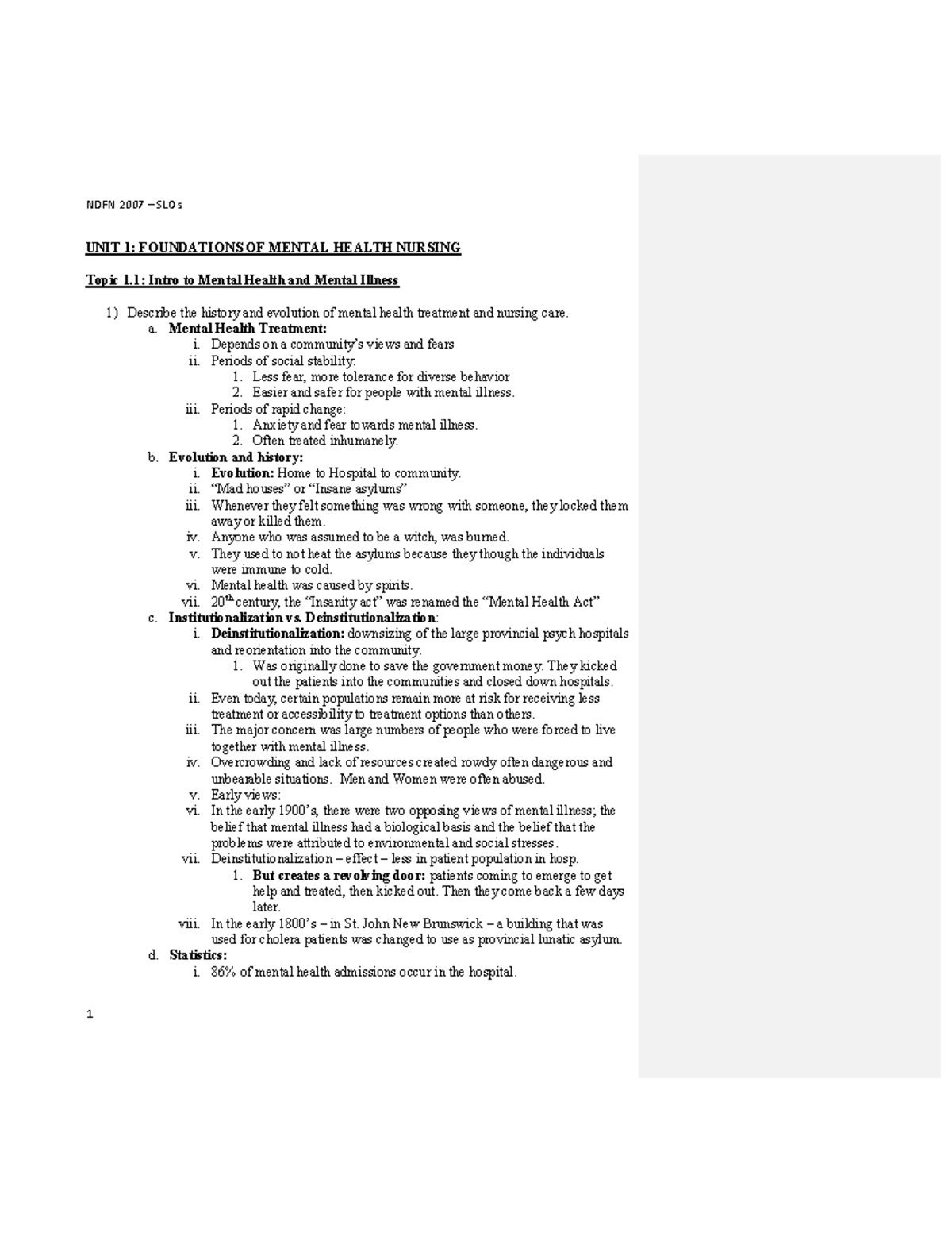 2007 SLOs - notes - UNIT 1: FOUNDATIONS OF MENTAL HEALTH NURSING Topic ...