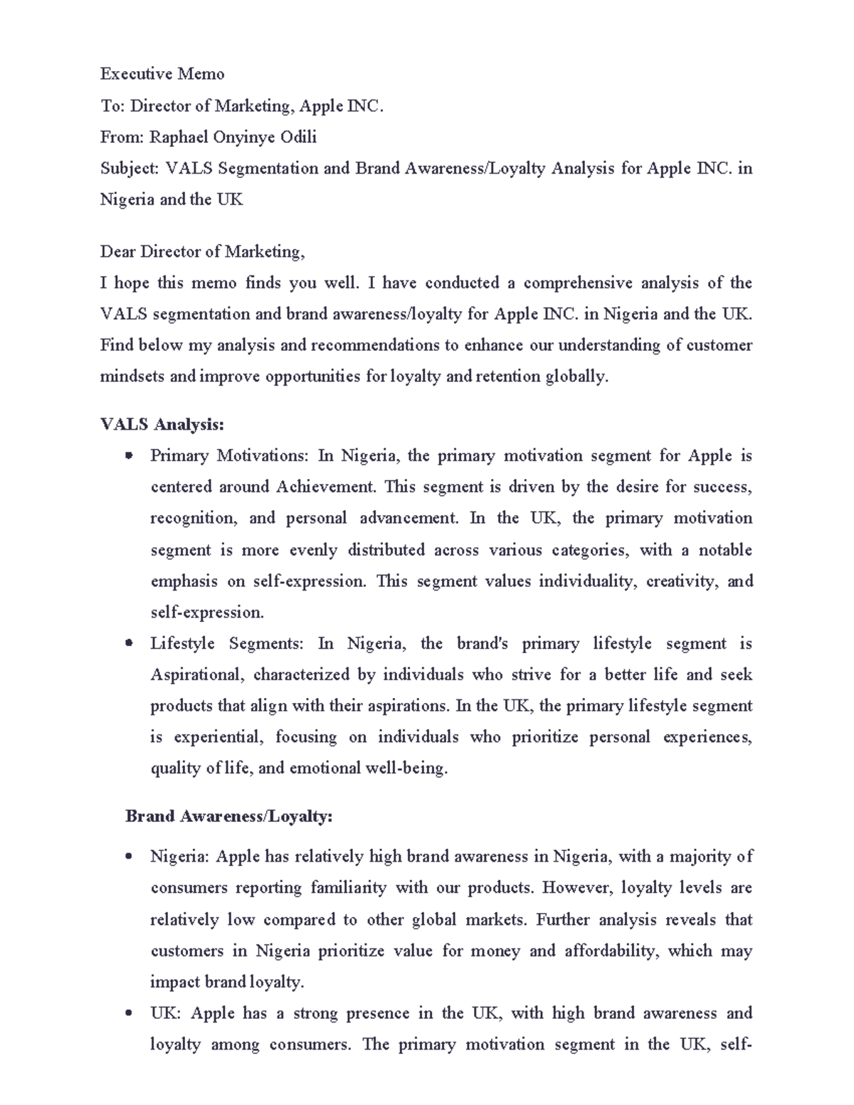 MKT6080 Module 2 Executive Memo: VALS Segmentation Analysis for Apple ...