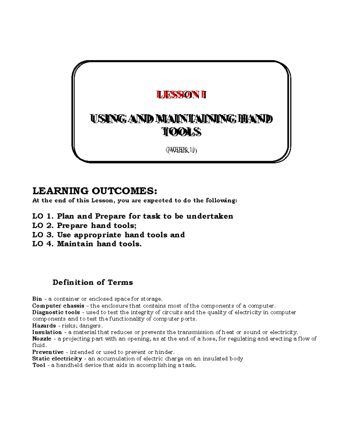K-12 TLE Activity Sheet: Using and Maintaining Hand Tools (LO 1-4 ...