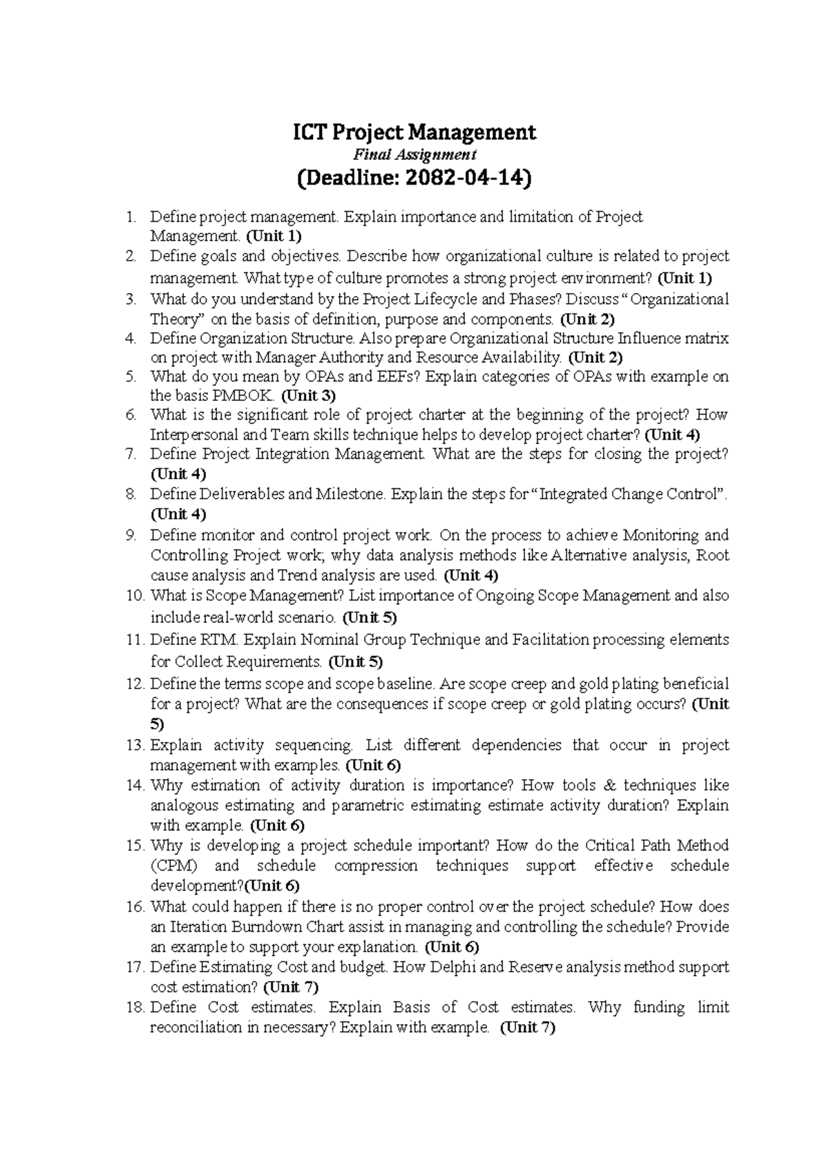 ICT Project Management Final Assignment Overview and Key Concepts - Studocu