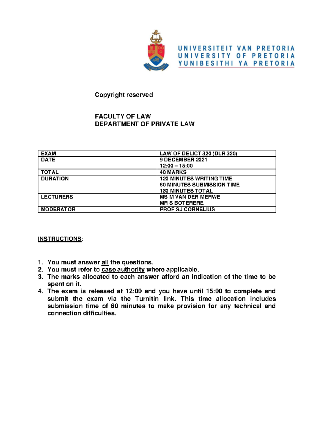 DLR 320 Final Exam Paper: Law of Delict Examination - 9 Dec 2021 - Studocu