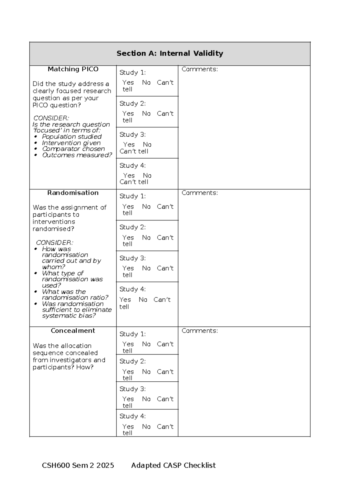 CSH600 Sem 2 2025 Adapted CASP Checklist for Internal Validity ...