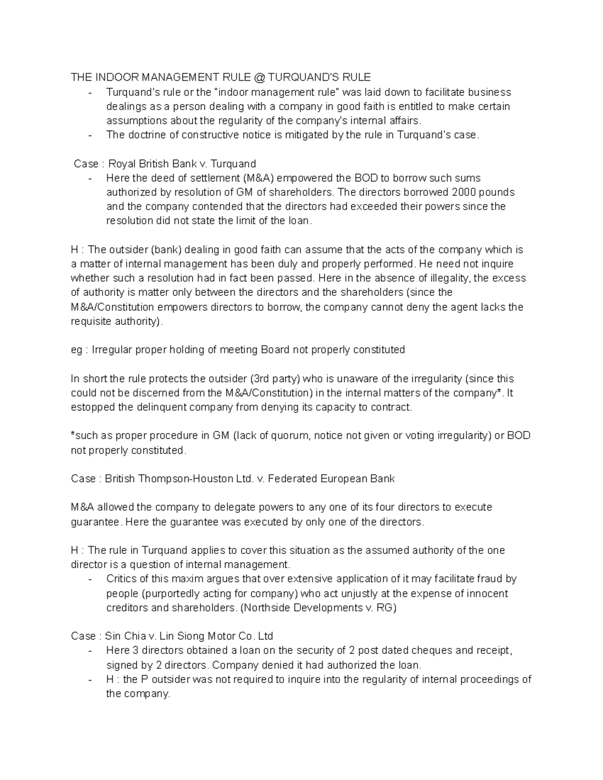 Turquand's Rule: Understanding the Doctrine and Case Law Notes - Studocu