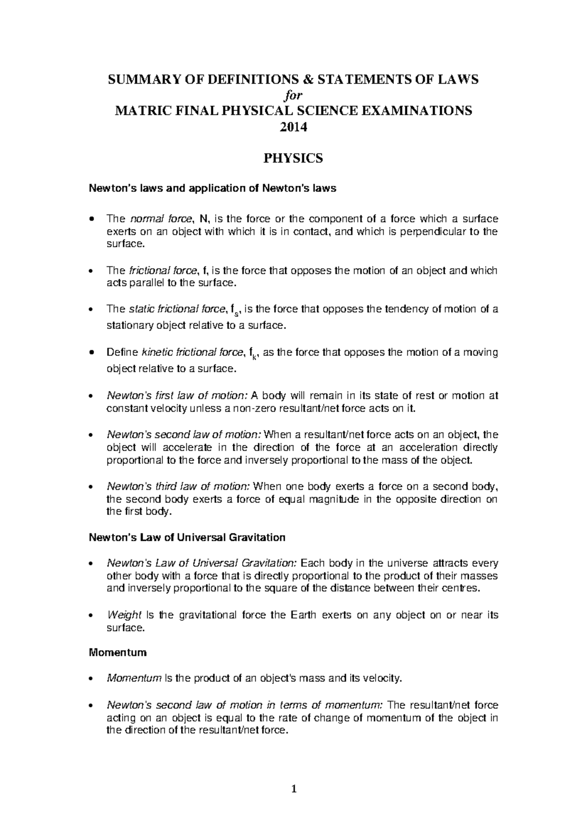 Summary of Definitions & Laws for MATRIC FINAL PHYSICAL SCIENCE EXAM ...