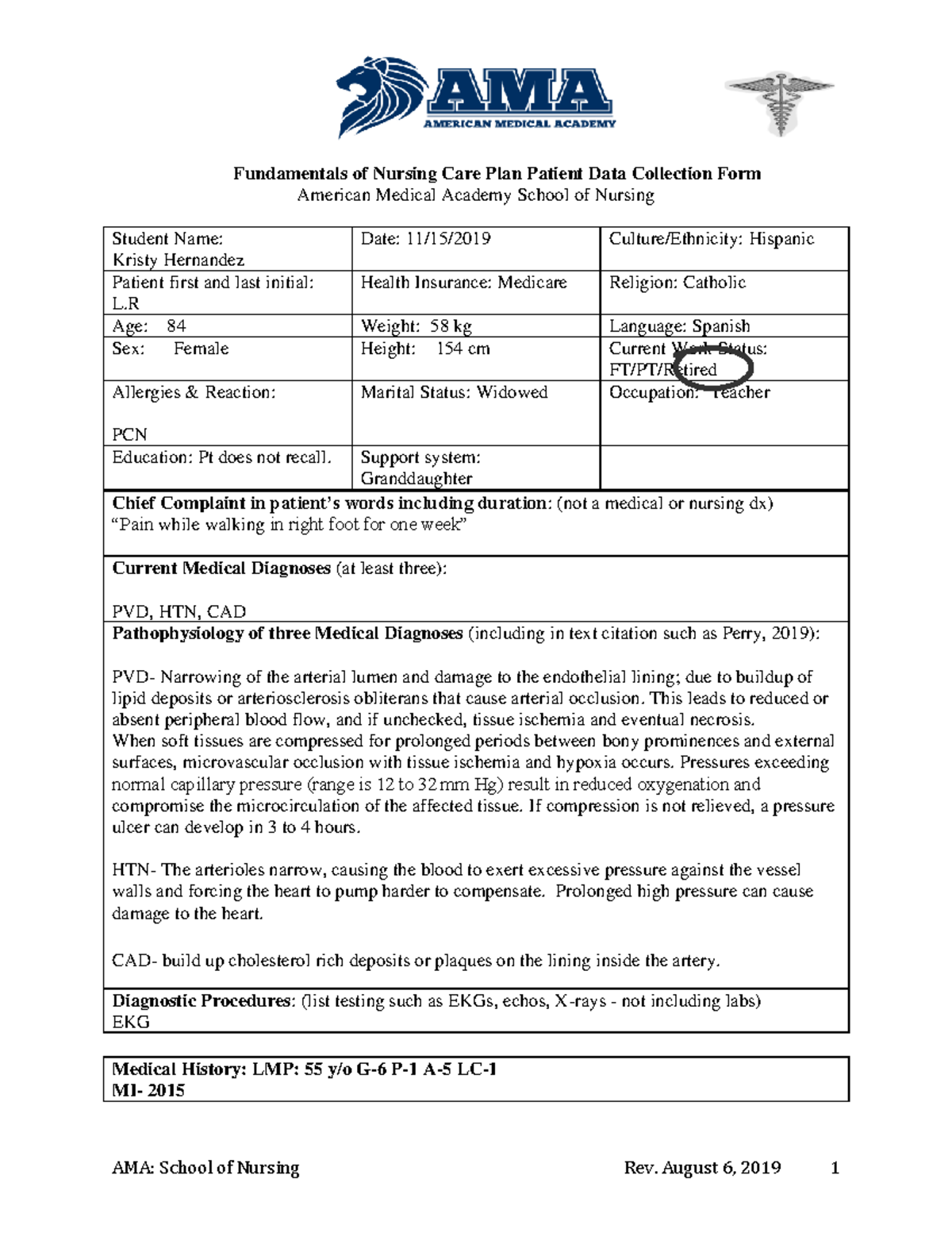 Fundamentals of Nursing Care Plan: Patient L.R. Assessment ...