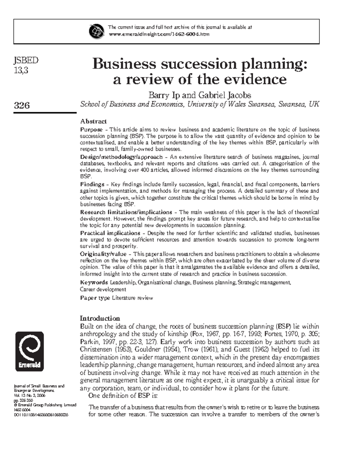 Business succession planning a review of the evidence - Business ...