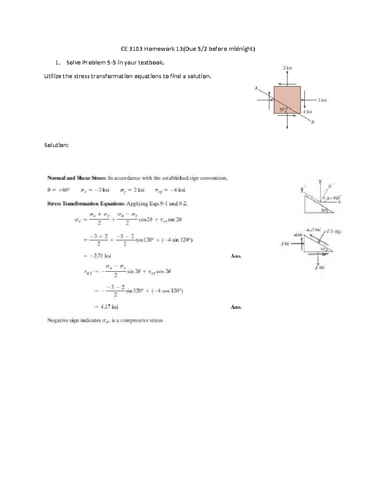 CE 3103 Homework 13 Solutions: Stress Transformation & Mohr’s Circle ...