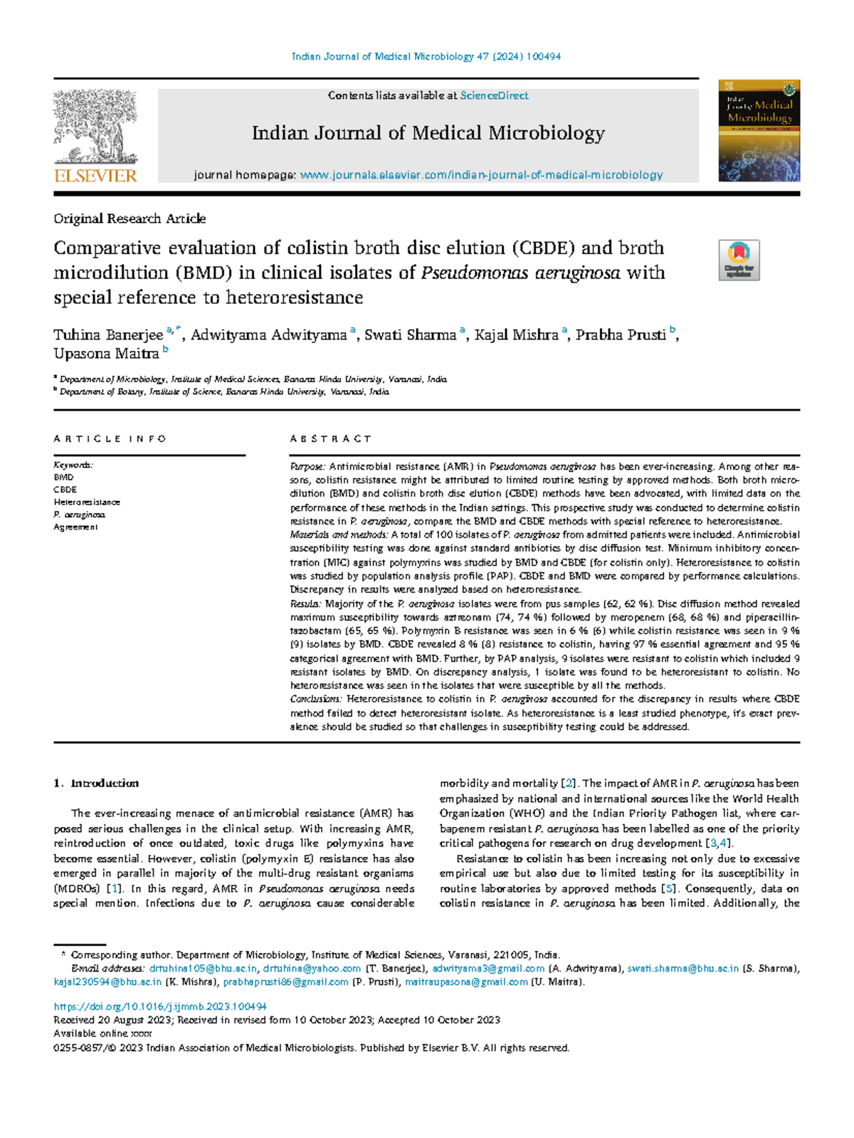 Comparative Analysis of CBDE and BMD Methods for P. aeruginosa ...