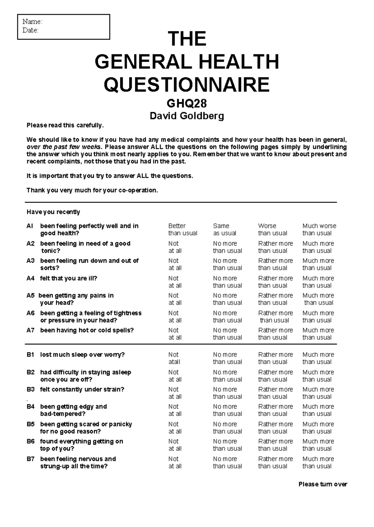 GHQ28 - General Health Questionnaire by David Goldberg - Studocu
