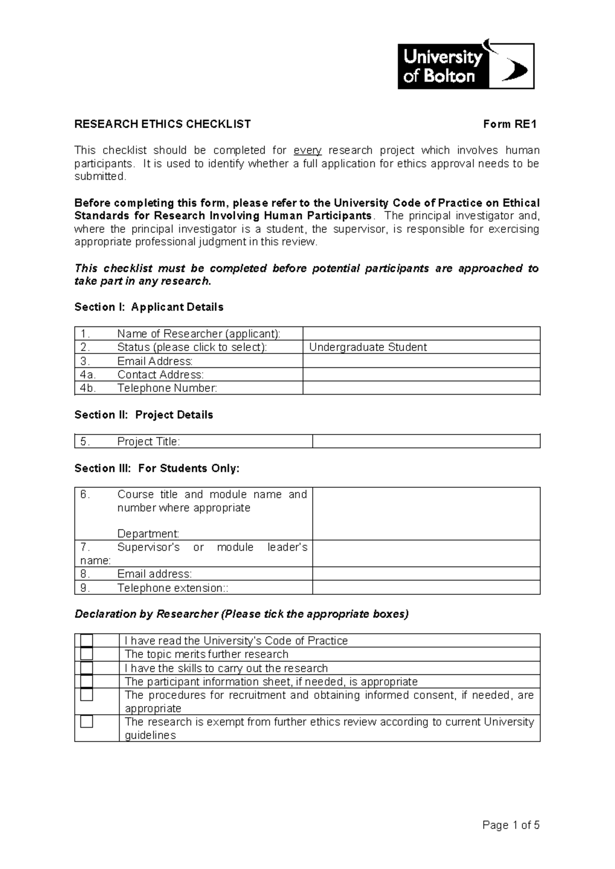 Research Ethics Checklist Form RE1 for Human Participant Studies - Studocu