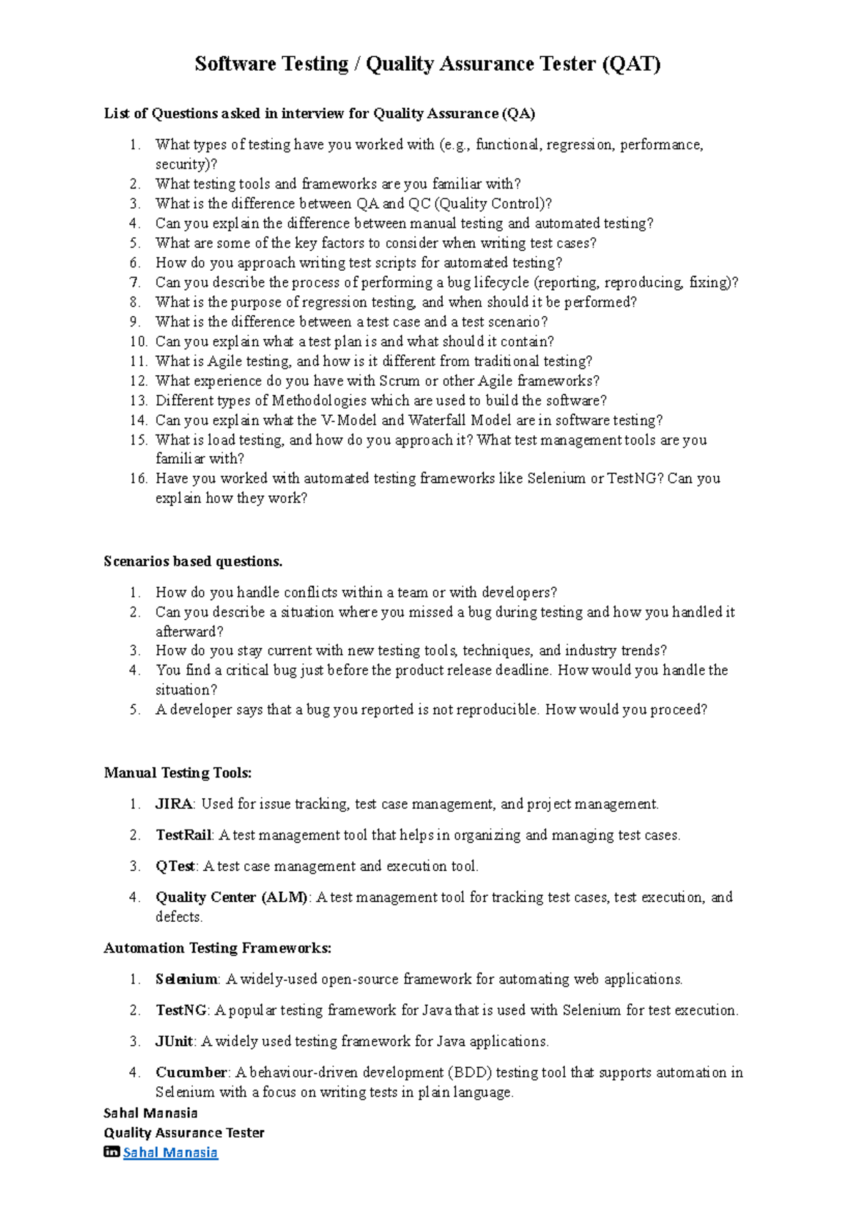 QA Questions - Good - Software Testing / Quality Assurance Tester (QAT ...