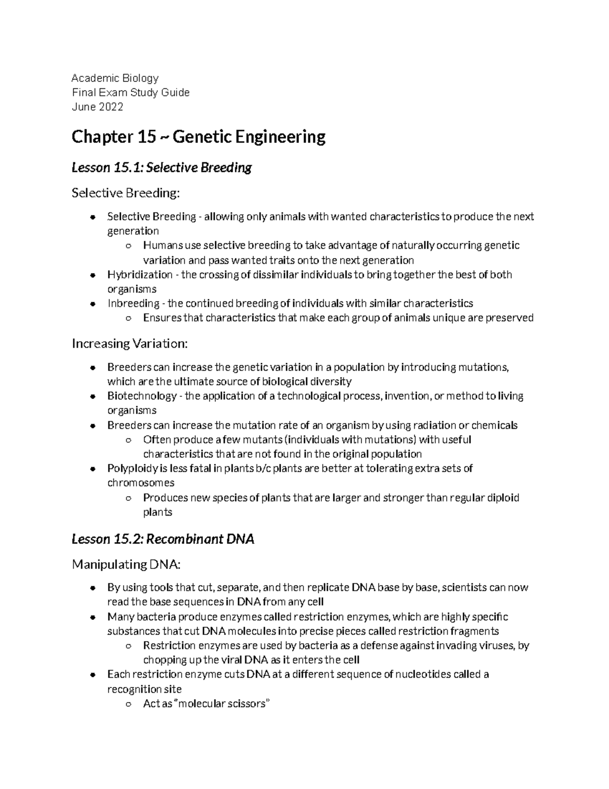 Bio 15 Final Exam Study Guide: Genetic Engineering Overview - Studocu