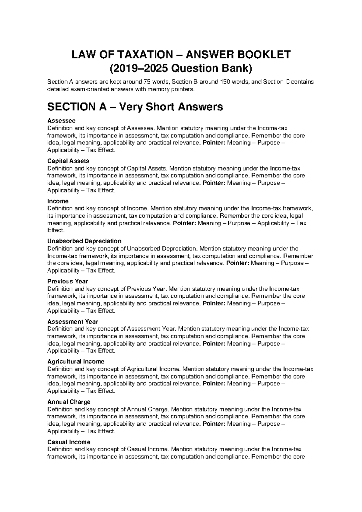 LAW OF TAXATION (LAW 101) Answer Booklet & Question Bank - Studocu