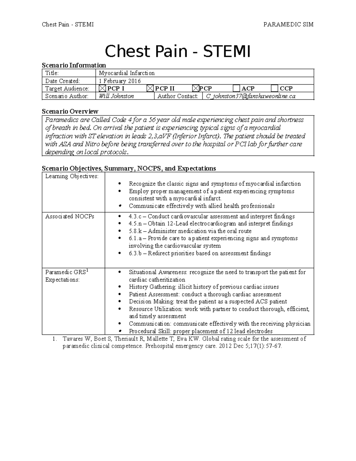 Chest Pain STEMI Scenario for Paramedic Simulation (EMT) - Studocu