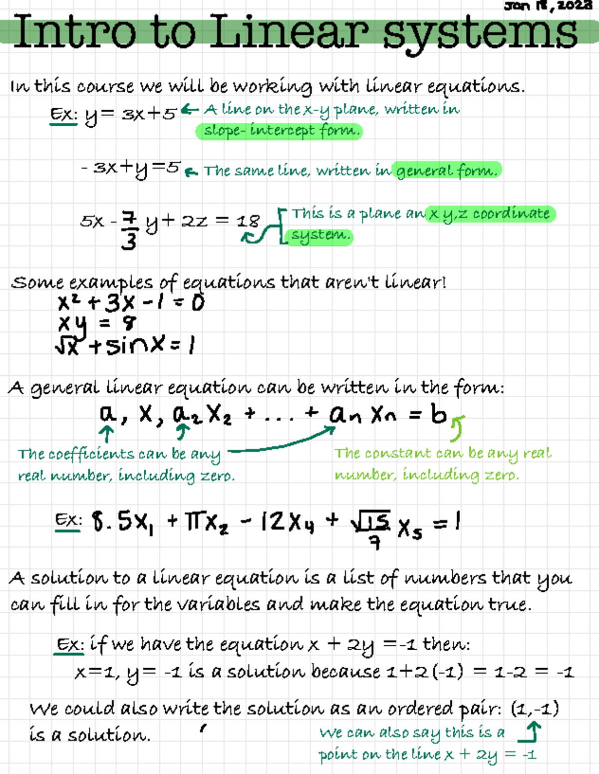 18.2023 Intro to Linear Systems: Notes on Linear Equations - Studocu