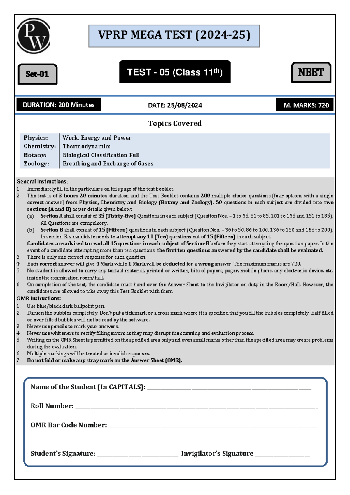VPRP Mega Test-5 (Set-01) | Class-11 NEET | Physics, Chem & Bio 2024-25 ...