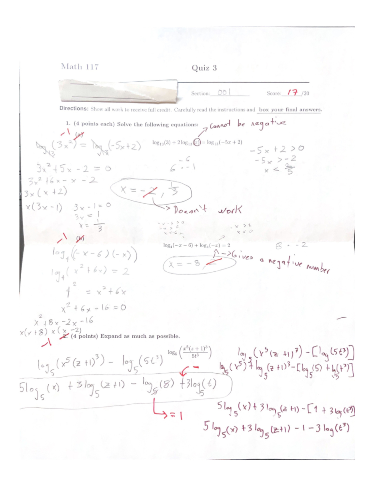 Math 117 - Quiz 3 - Math 117 Quiz 3 Section: 001 Score: 17 Directions ...